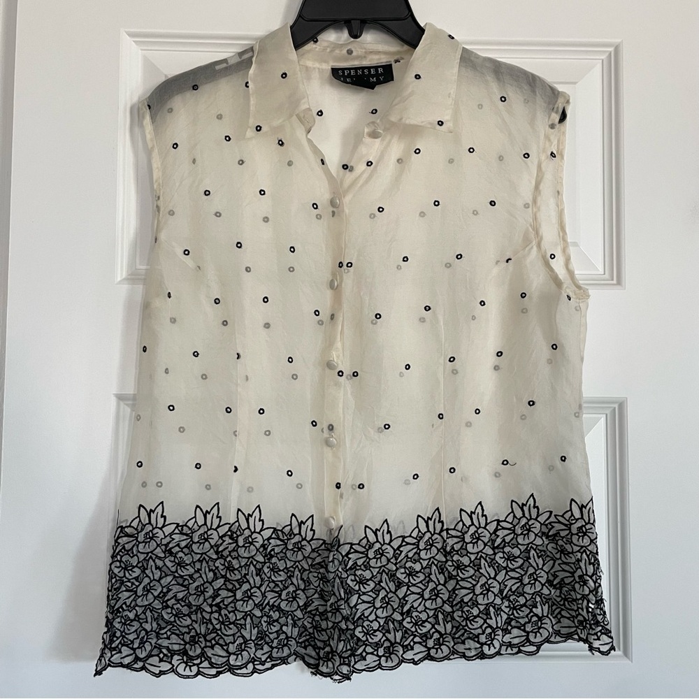 Spenser Jeremy Cream Sleeveless Silk Blouse with Black Floral Detail **AS IS**